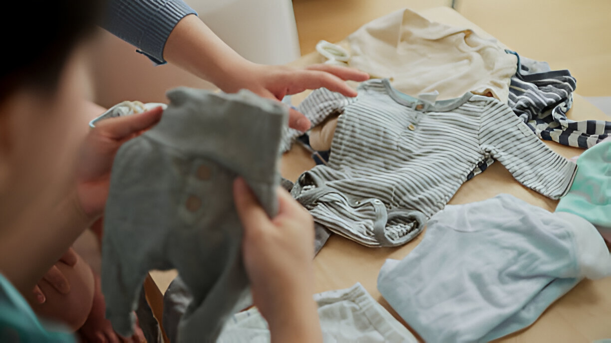 Two people organizing baby clothes, focusing on one holding a blue onesie while another reaches for a striped outfit on a table filled with pastel baby garments.