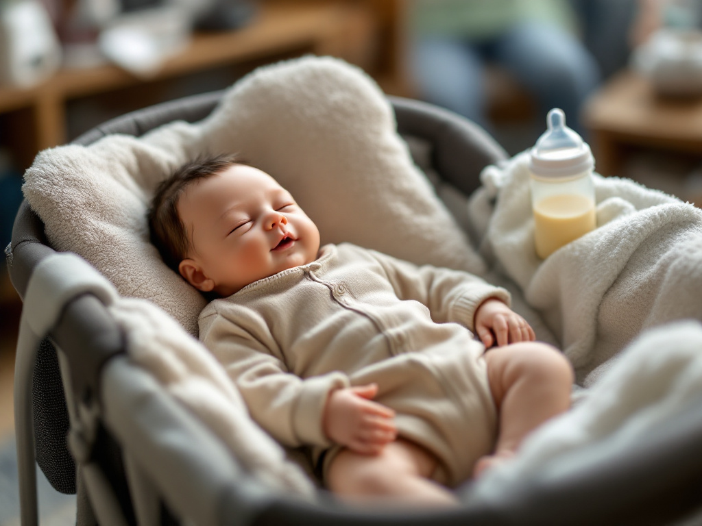 RealCare Baby II-plus simulator lying in a crib with feeding bottle and care items nearby, highlighting the lifelike infant care experience.