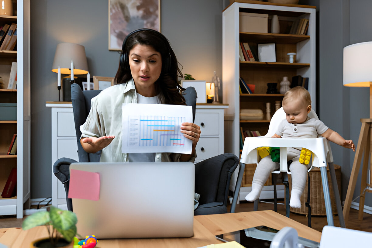 A daycare owner managing a childcare center, interacting with children while overseeing daily operations and ensuring a safe, nurturing environment.