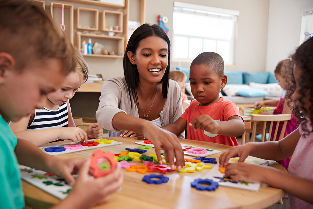 A lively daycare scene with children playing with toys, engaging in activities, and caregivers fostering a warm, nurturing environment.